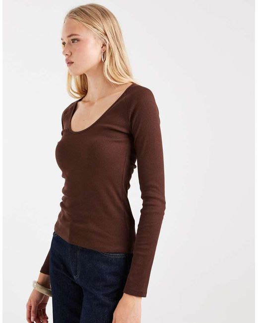 ASOS Brown Ribbed Deep Scoop Neck Ong Sleeve