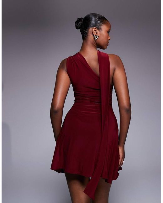 Kaiia Exclusive Double Layered Slinky One Shoulder Scarf Detail Skater Mini Dress