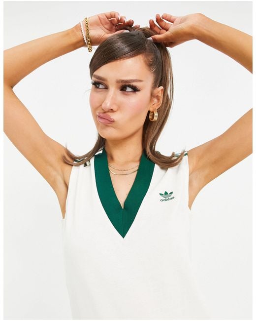 adidas Originals 'tennis Luxe' Logo V Neck Pleated Dress in White | Lyst