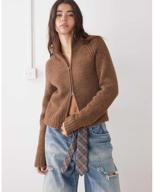 Weekday Blue Wool Blend Hairy Knit Zip Through Cardigan