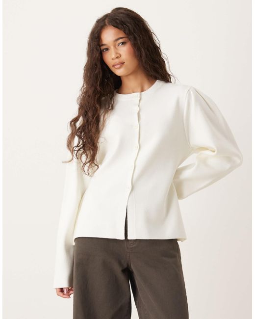 ASOS Natural Structured Knit Nipped Waist Puff Sleeve Cardigan