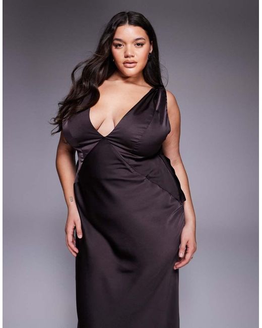 ASOS Blue Asos Design Curve Satin Plunge Maxi Dress With Knot Shoulder And Deep Cowl Back
