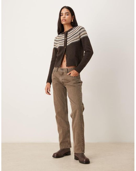 Threadbare Brown Crew Neck Cardigan With Fairisle Detail Print