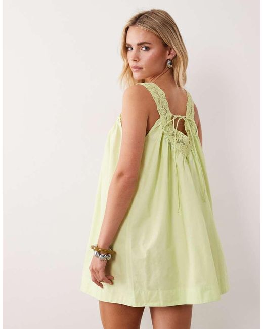 ASOS Green Asos Design Petite V Neck Smock Poplin Mini Dress With Lace Overlay