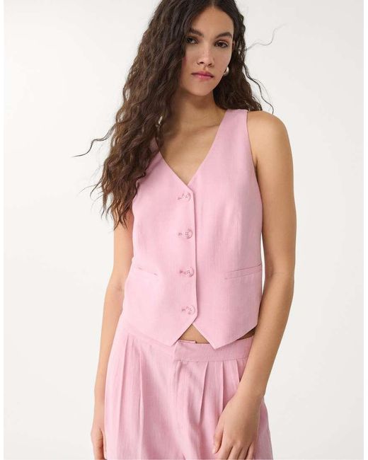 Stradivarius Pink Linen Blend Waistcoat