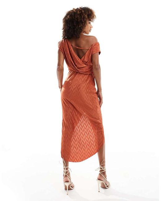 ASOS Orange Chevron Plisse High Neck Midi Dress With Cowl Back