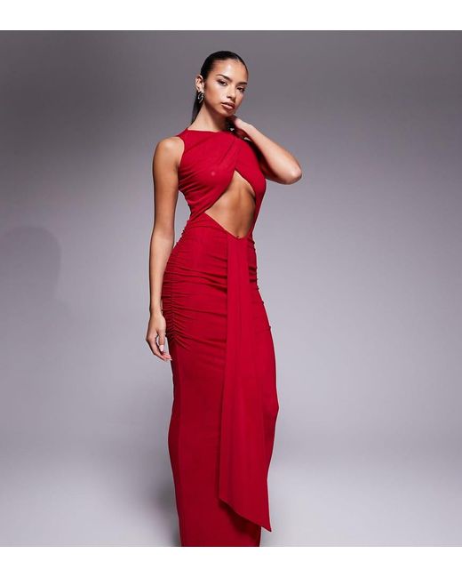 Murci Red Exclusive Slash Neck Crossover Front Cut Out Drape Detail Sleeveless Maxi Dress