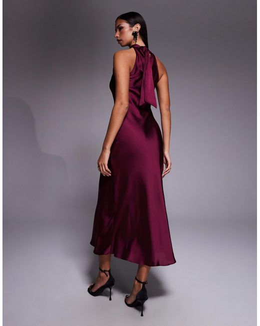New Look Purple Satin Corsage Detail Halterneck Midi Dress