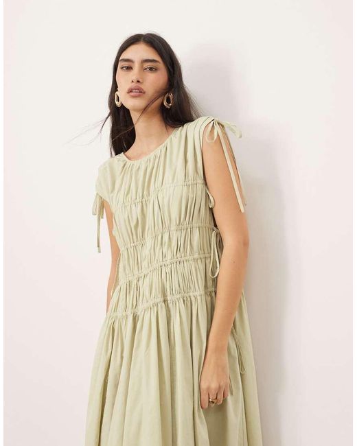 ARRANGE Natural Clean Cotton Drawstring Detail Trapeze Midi Dress With Pockets