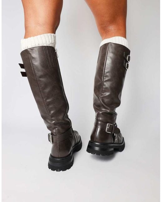 SIMMI Brown Benton Knee High Chunky Biker Boots