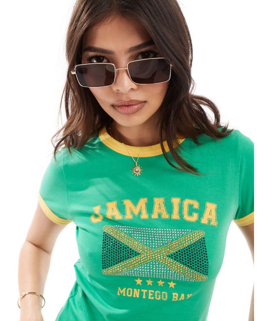 ASOS Green Ringer Baby Tee With Jamaica Graphic With Hotfix Flag