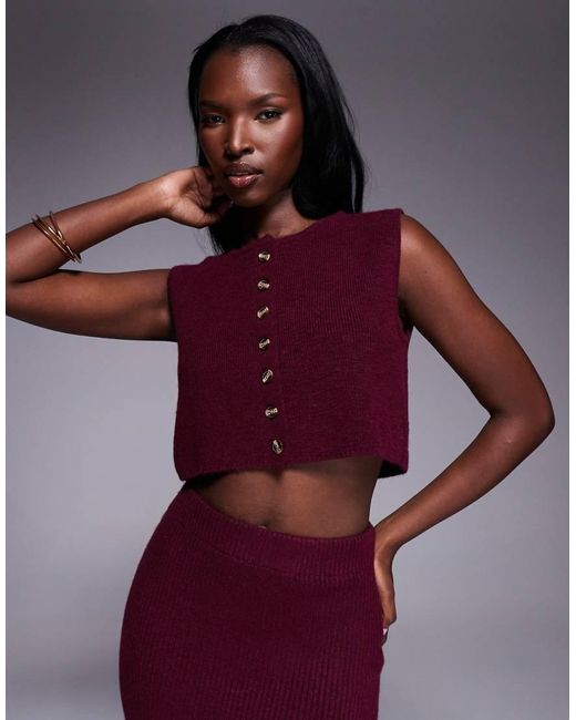 Aria Cove Red Ribbed Knit Cropped Button Through Sleeveless Waistcoat