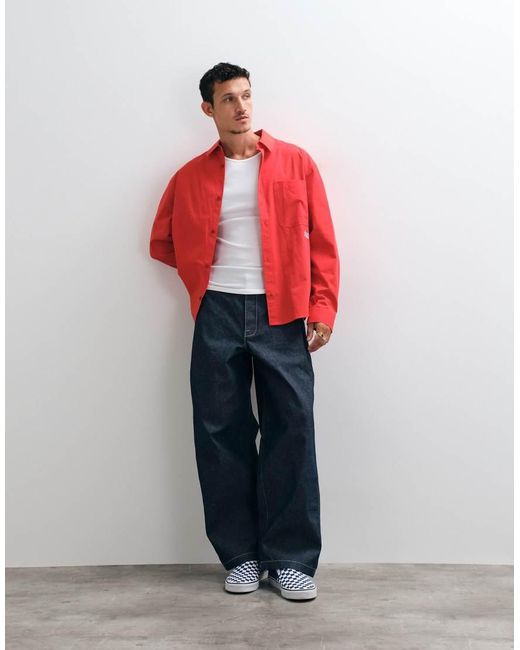 ASOS Red Oversized Poplin Shirt With Chest Embroidery for men