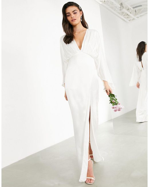 ASOS Cari Satin Wrap Wedding Dress With Kimono Sleeve-white