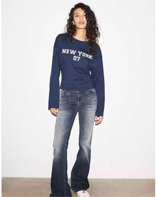 Stradivarius Blue Printed Kimono Sleeve T-Shirt