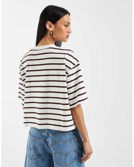 ASOS White Boxy Cropped T-shirt Choc & Cream Stripe