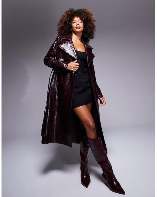 River Island Gray Croc Faux Leather Trench Coat