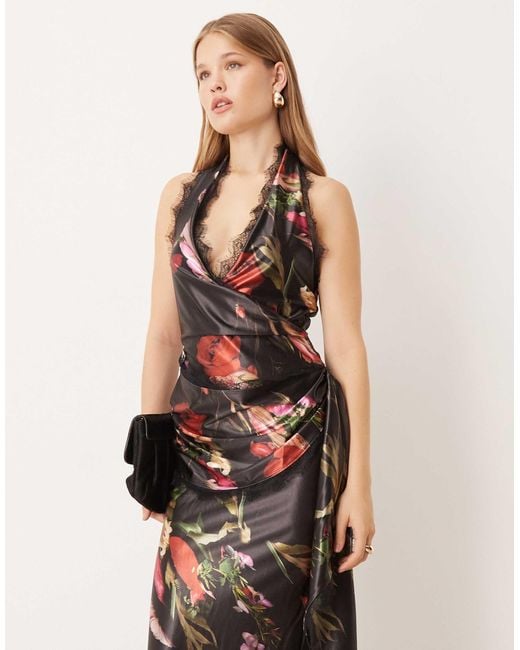 ASOS Natural Printed Stretch Satin Draped Maxi Dress With Lace Detail