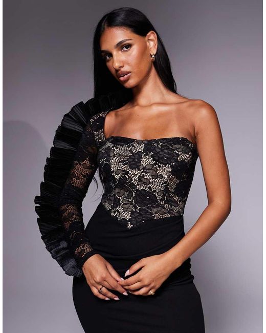 Goddiva Black One Shoulder Organza Fan Detail Lace Bodice Maxi Dress