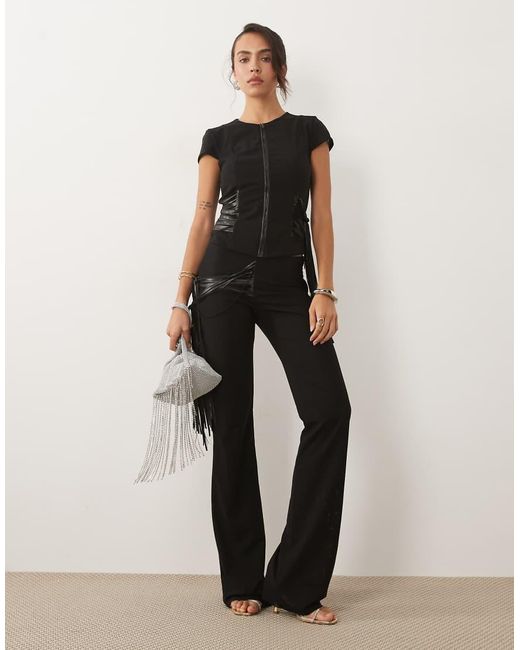 I.AM.GIA Black Iselda Sculpting Mesh Faux Leather Fringe Detail Zip Through Crop Top Co-Ord