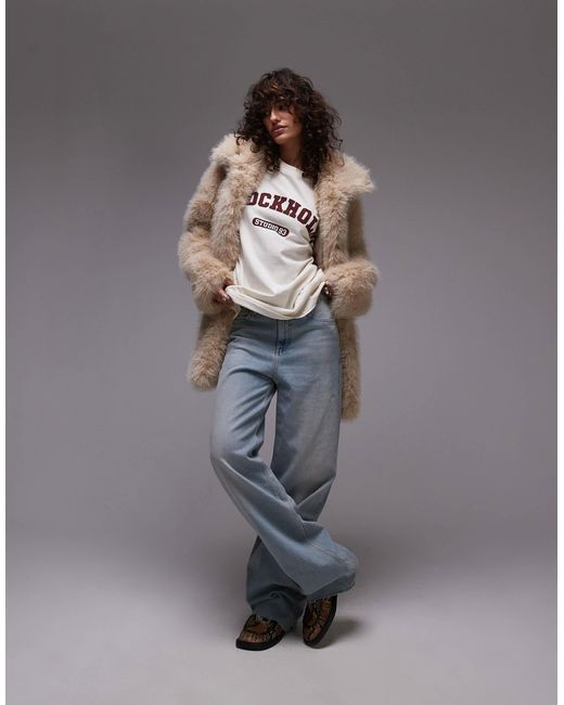 TOPSHOP Brown Faux Fur Funnel Midi Coat