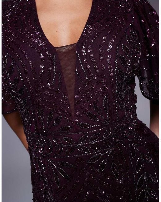 Beauut Blue Fully Embellished Beaded Mech V-neck Flutter Sleeve Maxi Dress