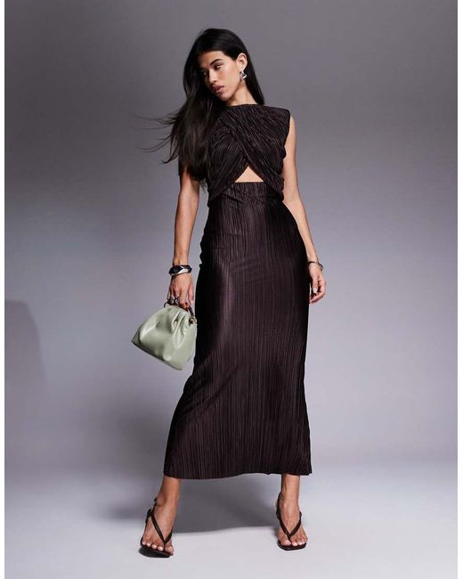 ASOS Plissé Gedrapeerde Hoogsluitende Maxi Jurk Met Uitgesneden Taille in het Black
