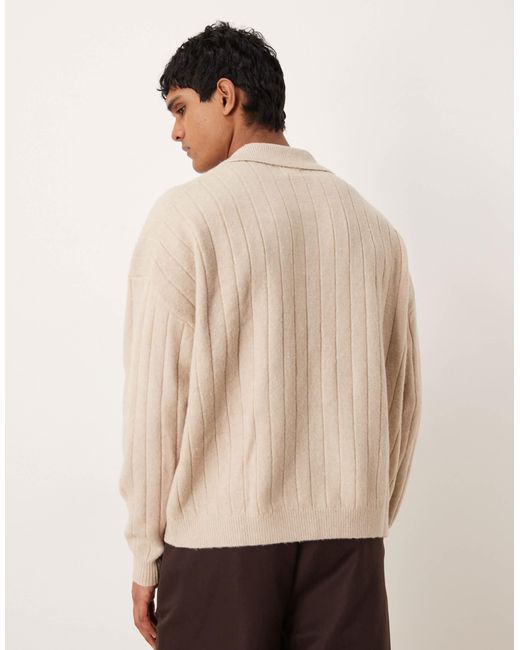 Polo oversize en maille côtelée avec manches longues et col à encoche - taupe ASOS pour homme en coloris Natural
