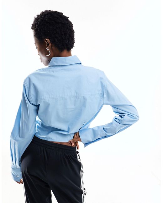 Collusion Blue Washed Cotton Long Sleeve Cropped Shirt