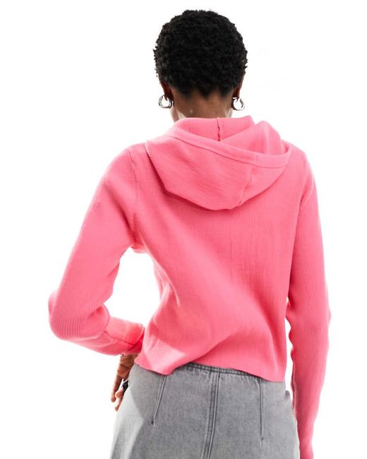 Monki Pink Knitted Zip Through Cardigan With Hood