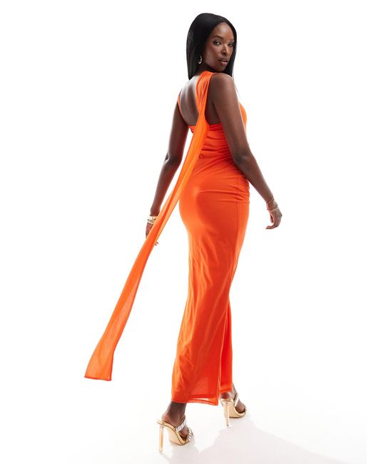 ASOS Orange Sleeveless Ruched Waist Detail Midi Dress