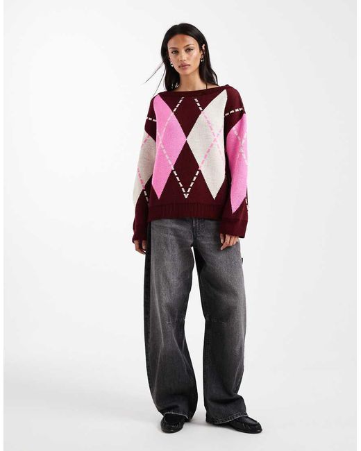 Miss Selfridge Red Oversized Knitted Argyle Jumper