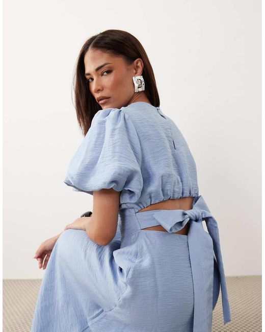 Nobody's Child Petite Blue Symran Satin Slash Neck Puff Sleeve Midi Dress