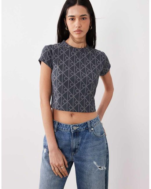 Calvin Klein Blue Embossed Logo Cropped Baby Tee
