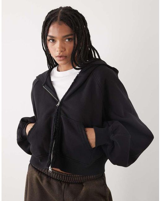 Weekday Black Oversized Cropped Zip Up Hoodie With Freyed Hems