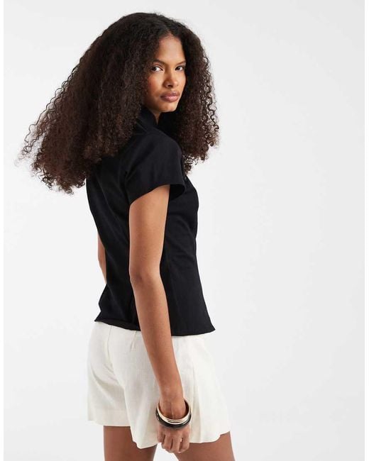 ASOS Black Mandarin Collar With Asym Button Detail Top