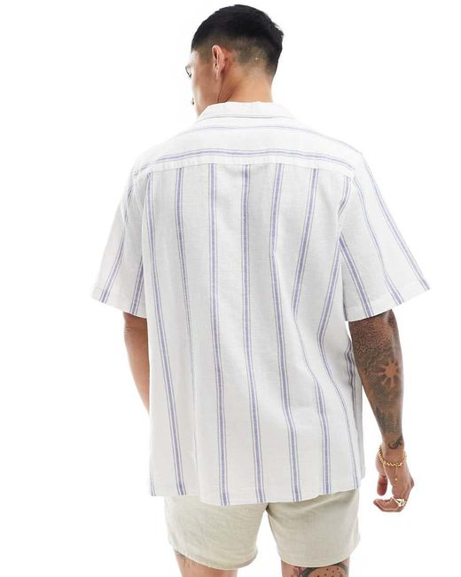 Camisa A Rayas Azules Variadas Holgada Con Cuello De Solapas De Mezcla De Lino De ASOS de hombre de color White