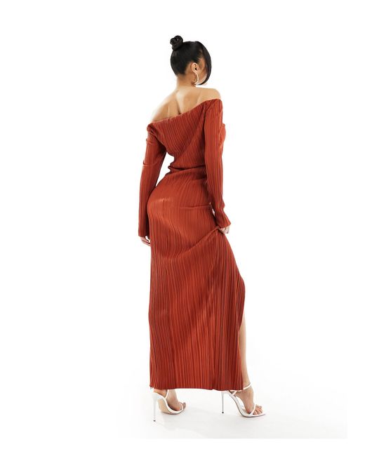 Vestito midi plissé color ruggine con scollo alla bardot incrociato sul davanti di ASOS in Red