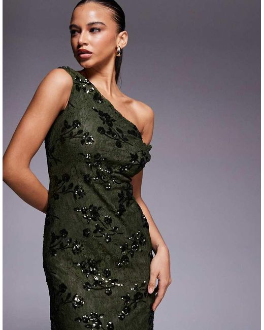 ASOS Blue Sequin Lace Twist Off Shoulder Lace Up Back Detail Maxi Dress