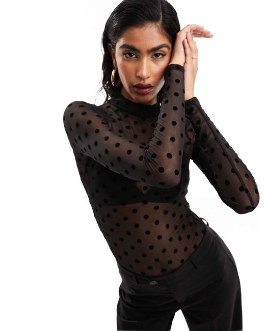 ASOS Black Mesh Long Sleeve Dobby Polka Dot Flock Bodysuit