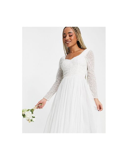 Beauut White Bridal Emellished Bodice Midi Skater Dress With Tulle