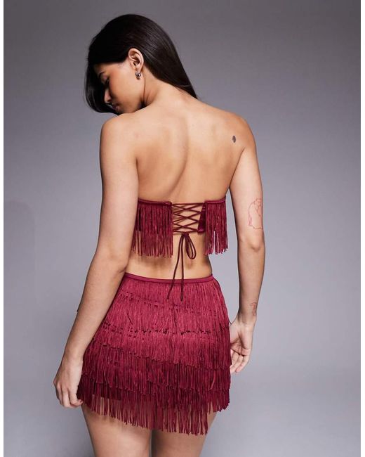 Oh Polly Red Bruma Fringed Bandeau Lace-up Crop Top Co-ord