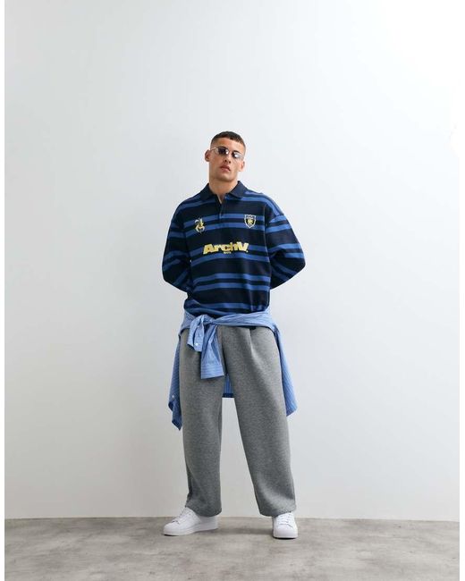 ASOS Blue Oversized Rugby Polo Stripe Sweatshirt With Graphic for men