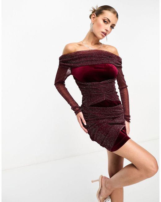 Naanaa Red Bardot Velvet Mini Dress With Shimmer