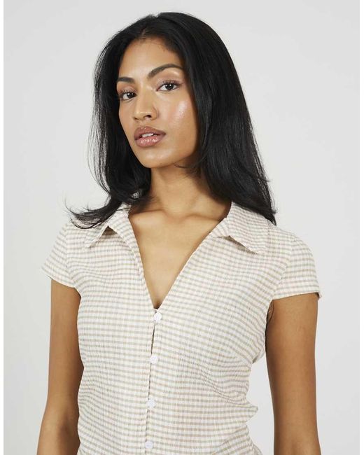 Brave Soul White Short Sleeve Gingham Collared Top