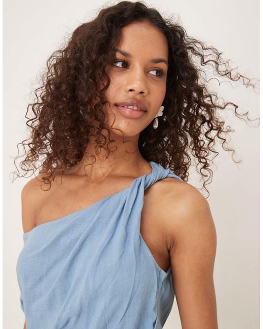 ASOS Blue Linen Mix Fallen Twist Shoulder Wrap Skirt Detail Midi Dress
