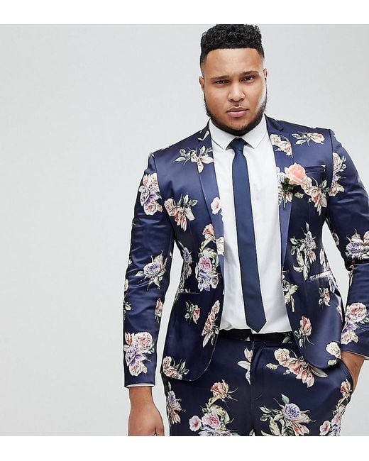 ASOS Blue Plus Wedding Super Skinny Suit Jacket With Navy Floral Print for men