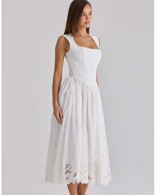House Of Cb White Safira Floral Broderie Anglaise Cotton Midi Dress
