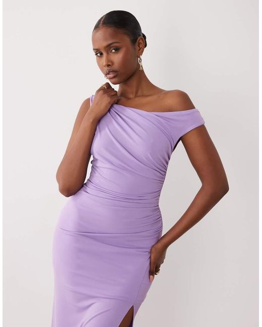 TFNC London Purple Slinky Fallen Shoulder Thigh Split Midaxi Dress