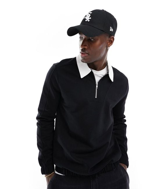 ASOS Black Rugby Polo Sweatshirt With Zip for men